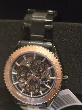Invicta Black and Rose Gold Skeleton Dive Watch